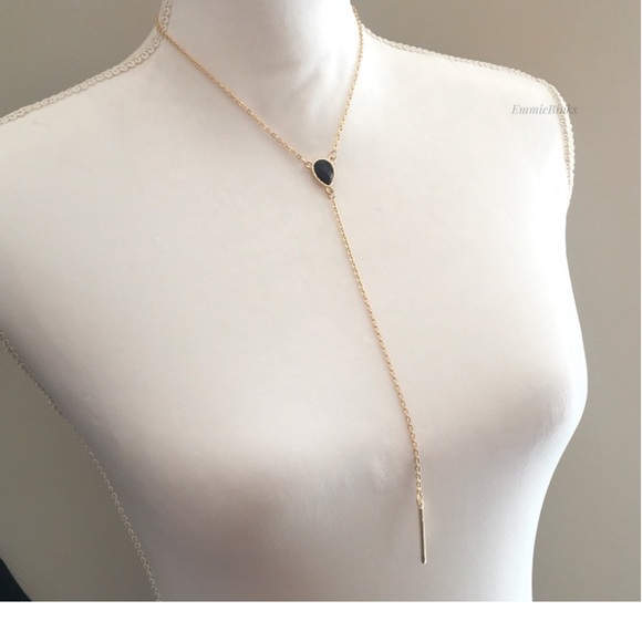 Zara Black Faceted Gem with Golden Bar Lariat Necklace Very Fine Gold tone Bar. - Picture 2 of 6
